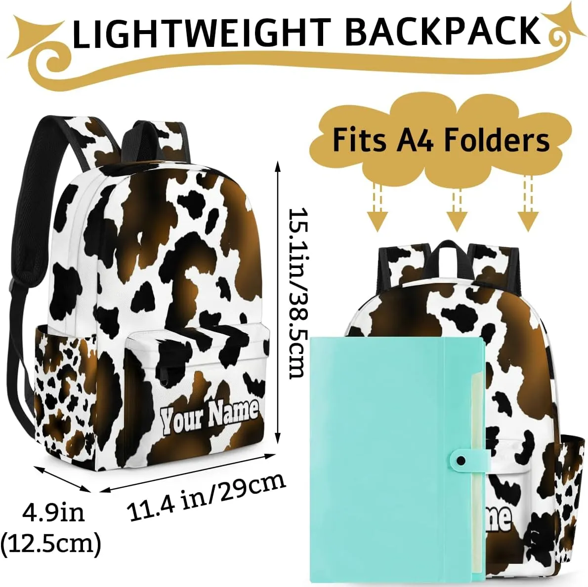 Personalized Cow Print Preschool Toddler Backpack for Boys Girls Custom Kids Name Small Bookbags Kindergarten Elementary Backpack, Animal Print