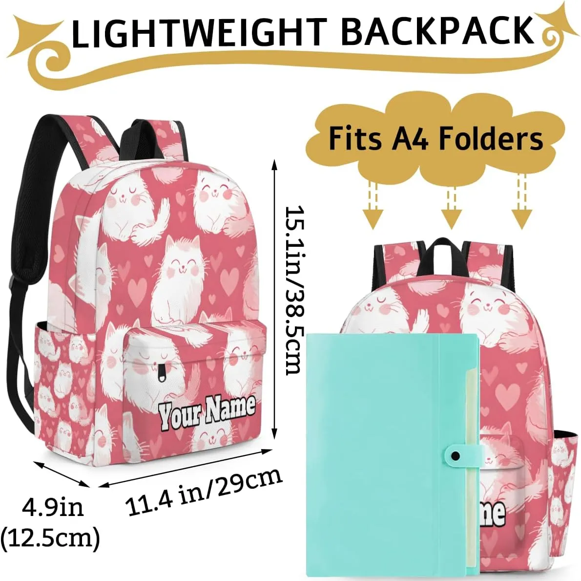 Personalized Cute Cats Preschool Toddler Backpack for Boys Girls Custom Kids Name Small Bookbags Kindergarten Elementary Backpack, Cats Heart