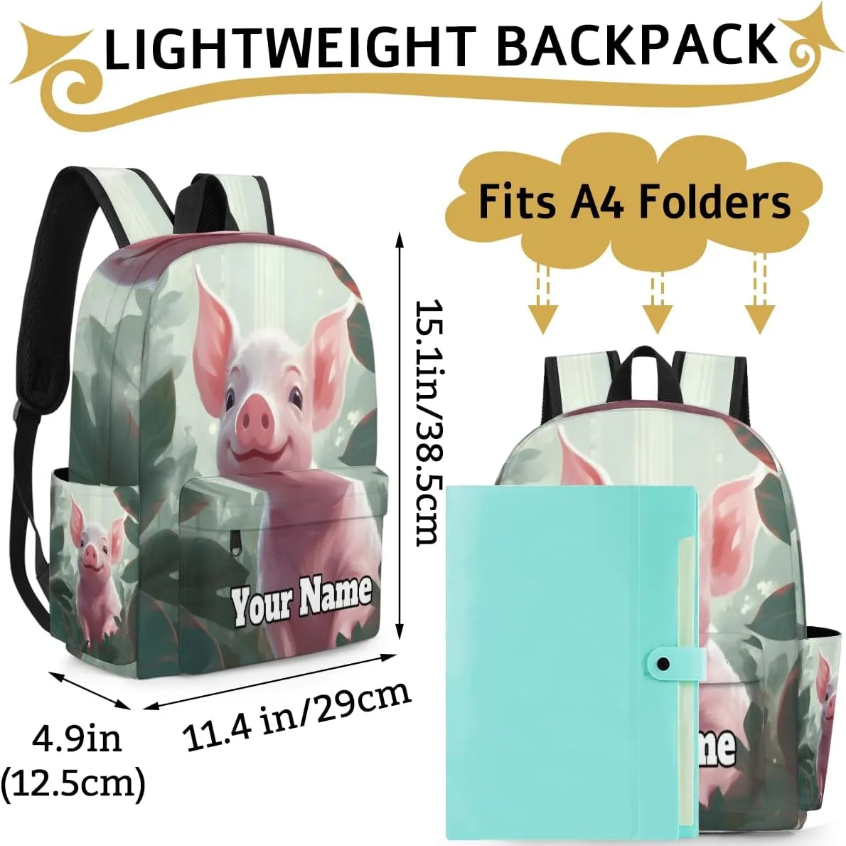 Personalized Cute Pig Preschool Toddler Backpack for Boys Girls Custom Kids Name Small Bookbags Kindergarten Elementary Backpack, Pig