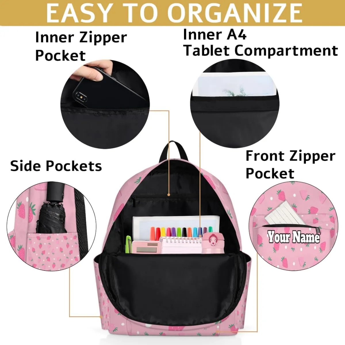 Personalized Cute Strawberry Preschool Toddler Backpack for Boys Girls Custom Kids Name Small Bookbags Kindergarten Elementary Backpack, Summer Fruit