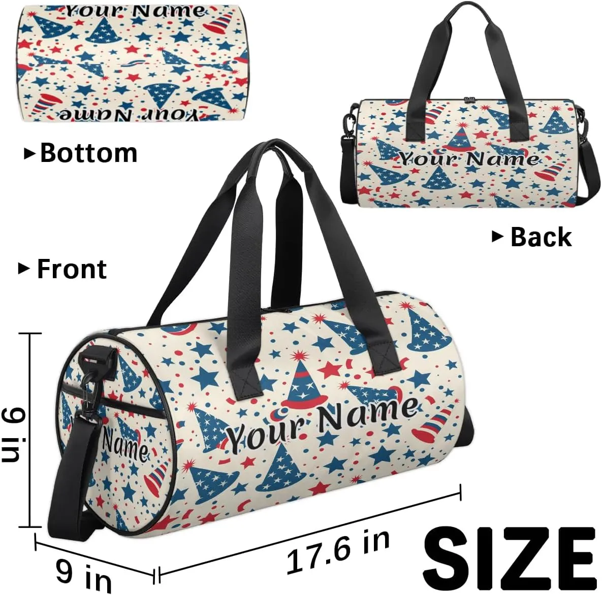 Personalized Duffel Bag for Women, Custom 4th of July Gym Bag for Sports, Waterproof Dance Bag with Name, Lightweight Carryon Gym Bag, Memorial Day Decor Stars