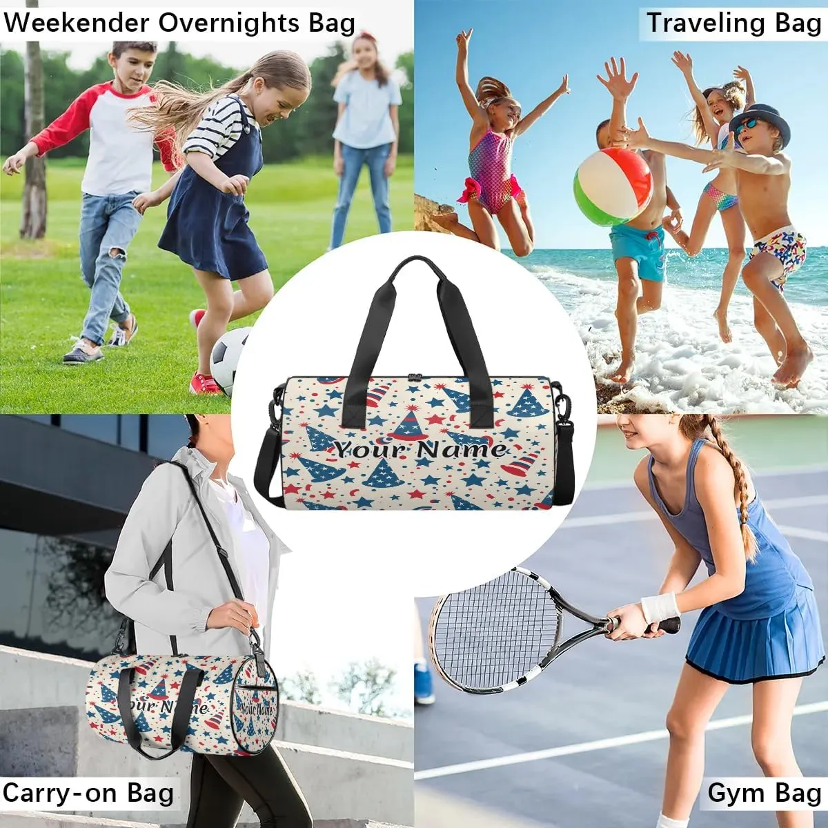 Personalized Duffel Bag for Women, Custom 4th of July Gym Bag for Sports, Waterproof Dance Bag with Name, Lightweight Carryon Gym Bag, Memorial Day Decor Stars