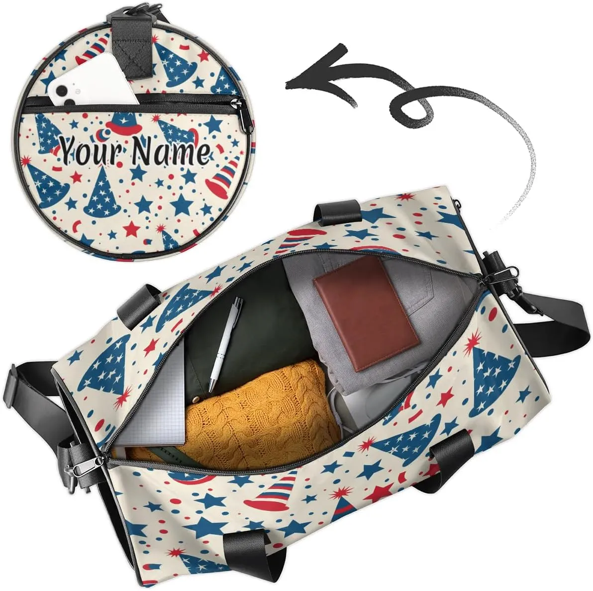 Personalized Duffel Bag for Women, Custom 4th of July Gym Bag for Sports, Waterproof Dance Bag with Name, Lightweight Carryon Gym Bag, Memorial Day Decor Stars
