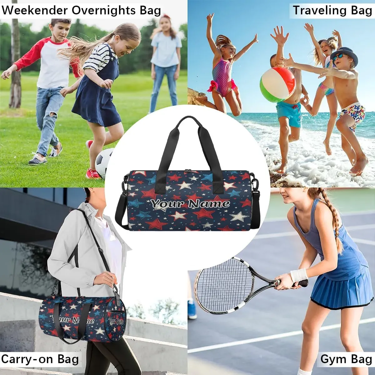 Personalized Duffel Bag for Women, Custom America Memorial Day Stars Gym Bag for Sports, Waterproof Dance Bag with Name, Lightweight Carryon Gym Bag, Independence Day