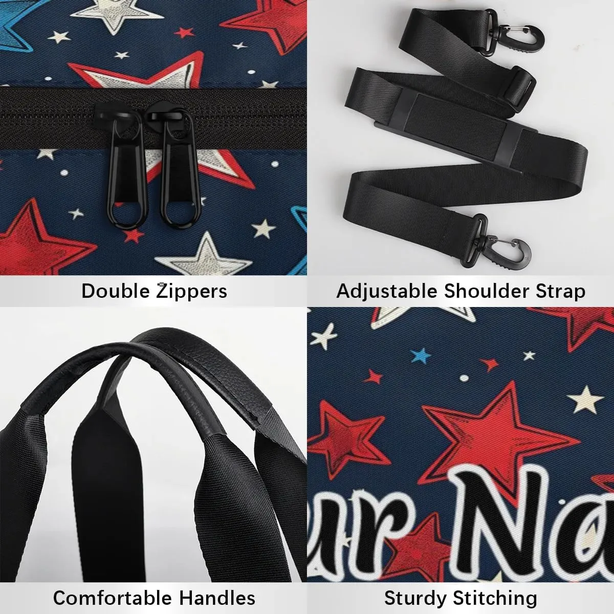 Personalized Duffel Bag for Women, Custom America Memorial Day Stars Gym Bag for Sports, Waterproof Dance Bag with Name, Lightweight Carryon Gym Bag, Independence Day