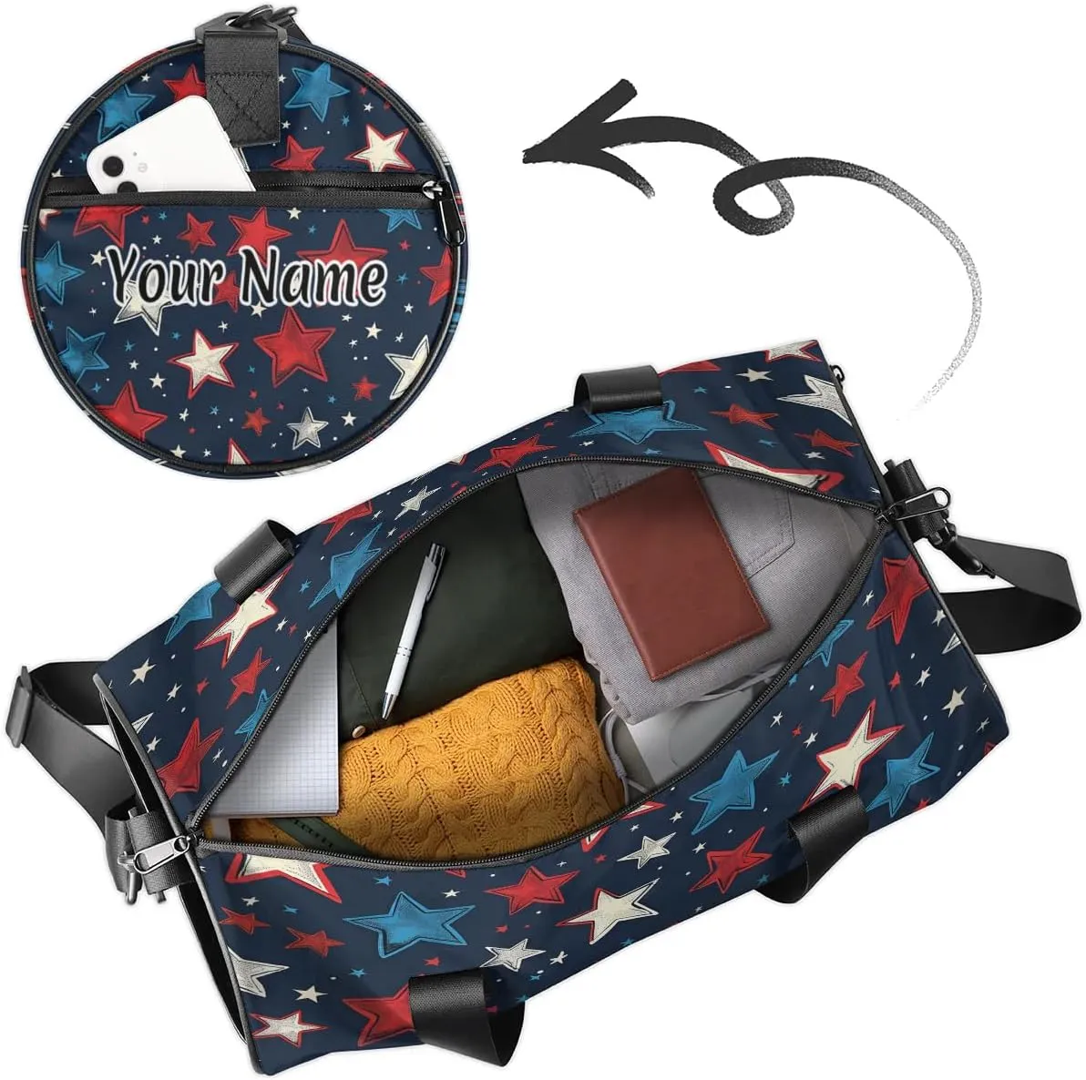 Personalized Duffel Bag for Women, Custom America Memorial Day Stars Gym Bag for Sports, Waterproof Dance Bag with Name, Lightweight Carryon Gym Bag, Independence Day