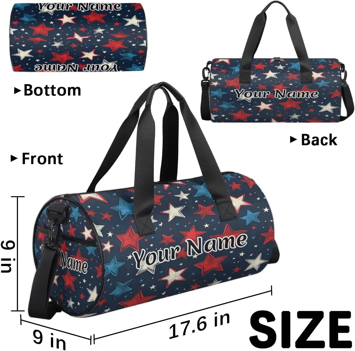 Personalized Duffel Bag for Women, Custom America Memorial Day Stars Gym Bag for Sports, Waterproof Dance Bag with Name, Lightweight Carryon Gym Bag, Independence Day