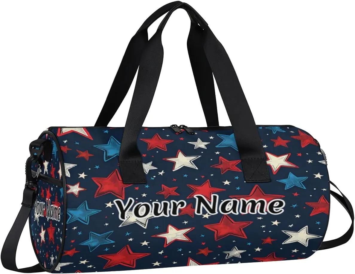 Personalized Duffel Bag for Women, Custom America Memorial Day Stars Gym Bag for Sports, Waterproof Dance Bag with Name, Lightweight Carryon Gym Bag, Independence Day