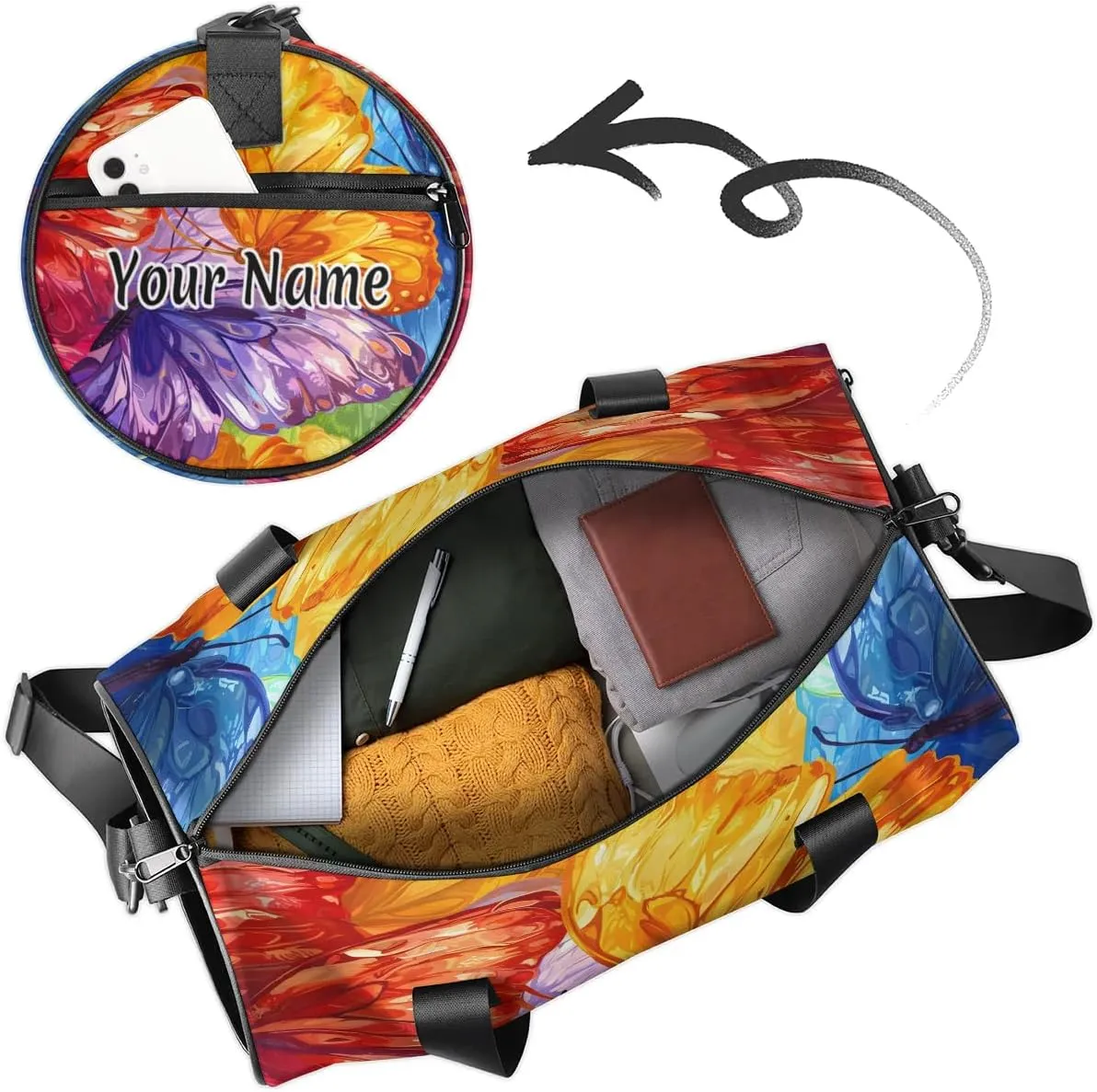 Personalized Duffel Bag for Women, Custom Butterflies Gym Bag for Sports, Waterproof Dance Bag with Name, Lightweight Carryon Gym Bag, Colorful Butterfly