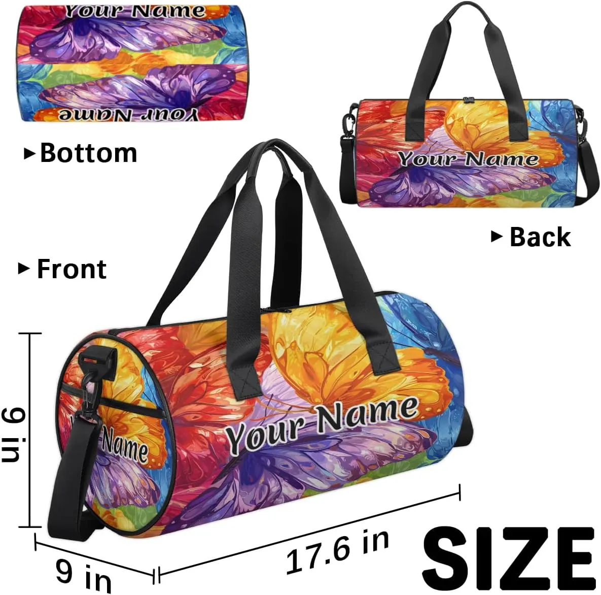 Personalized Duffel Bag for Women, Custom Butterflies Gym Bag for Sports, Waterproof Dance Bag with Name, Lightweight Carryon Gym Bag, Colorful Butterfly