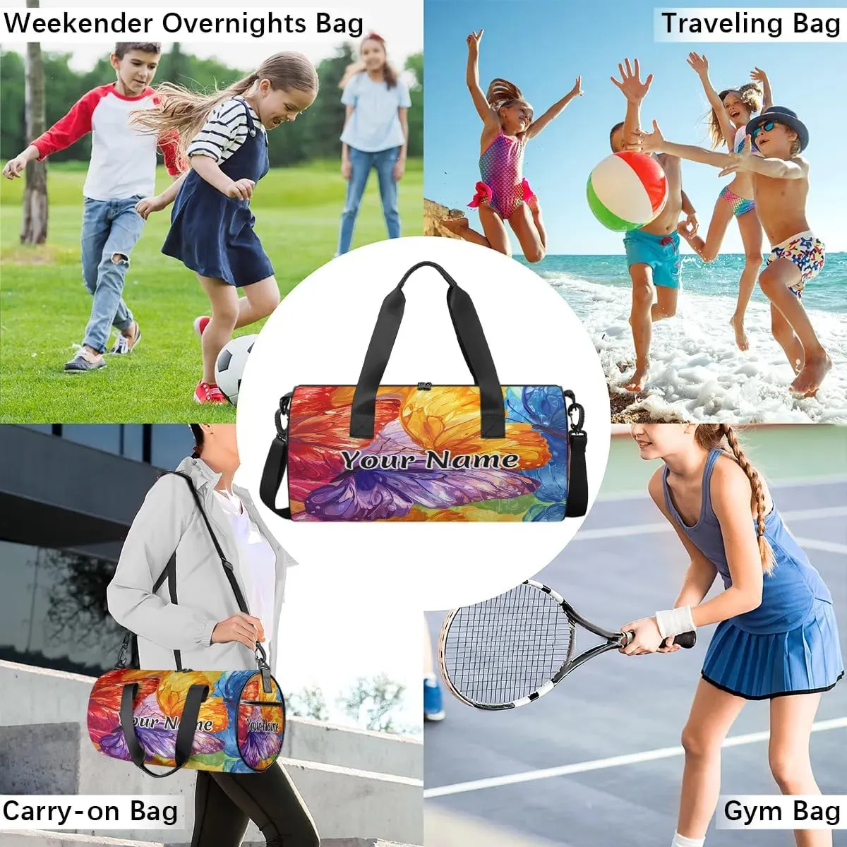 Personalized Duffel Bag for Women, Custom Butterflies Gym Bag for Sports, Waterproof Dance Bag with Name, Lightweight Carryon Gym Bag, Colorful Butterfly