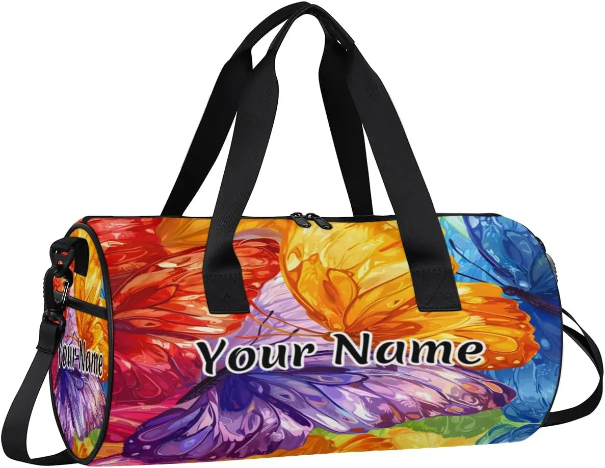 Personalized Duffel Bag for Women, Custom Butterflies Gym Bag for Sports, Waterproof Dance Bag with Name, Lightweight Carryon Gym Bag, Colorful Butterfly