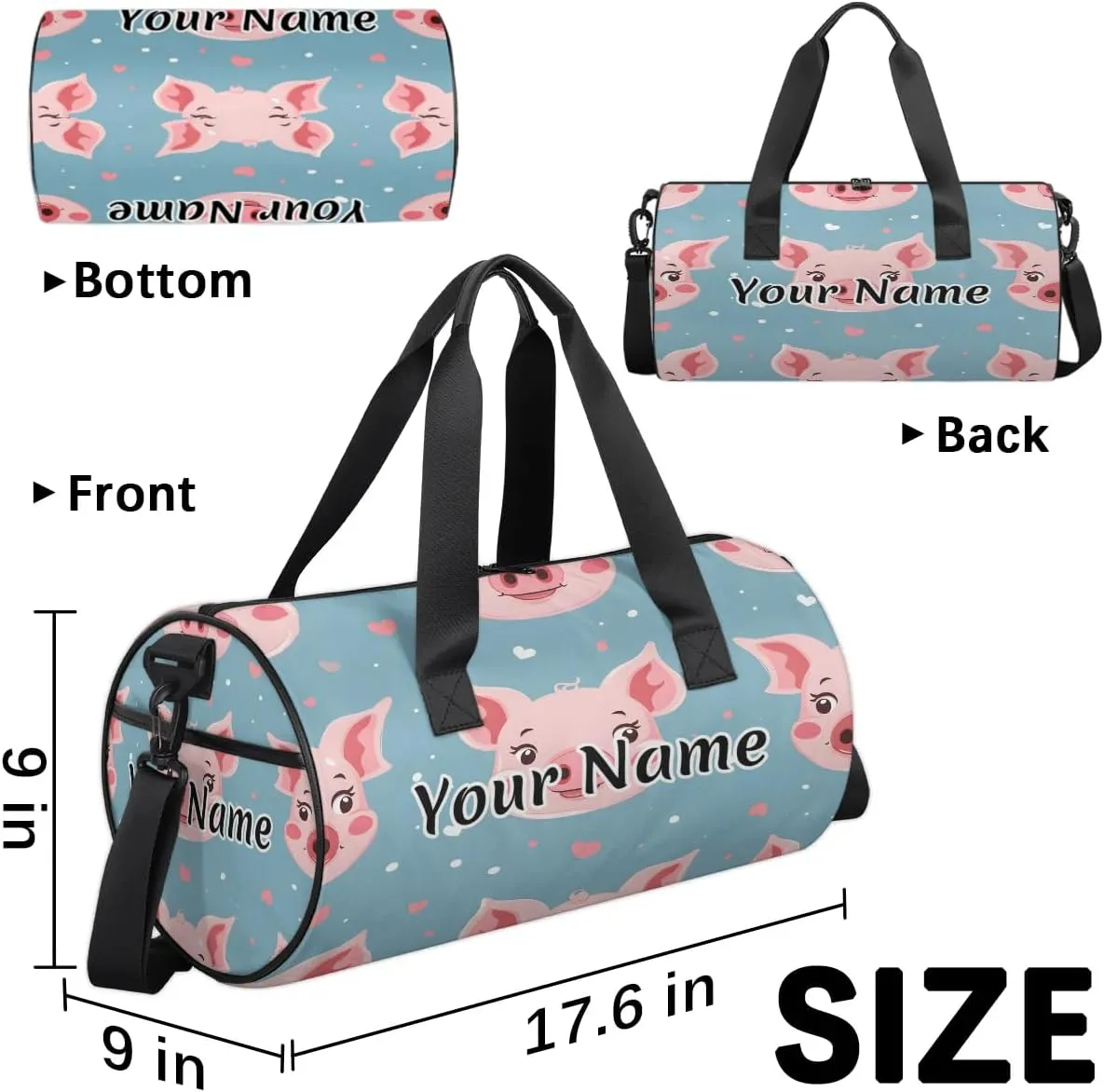 Personalized Duffel Bag for Women, Custom Cute Pig Gym Bag for Sports, Waterproof Dance Bag with Name, Lightweight Carryon Gym Bag, Cartoon Pig