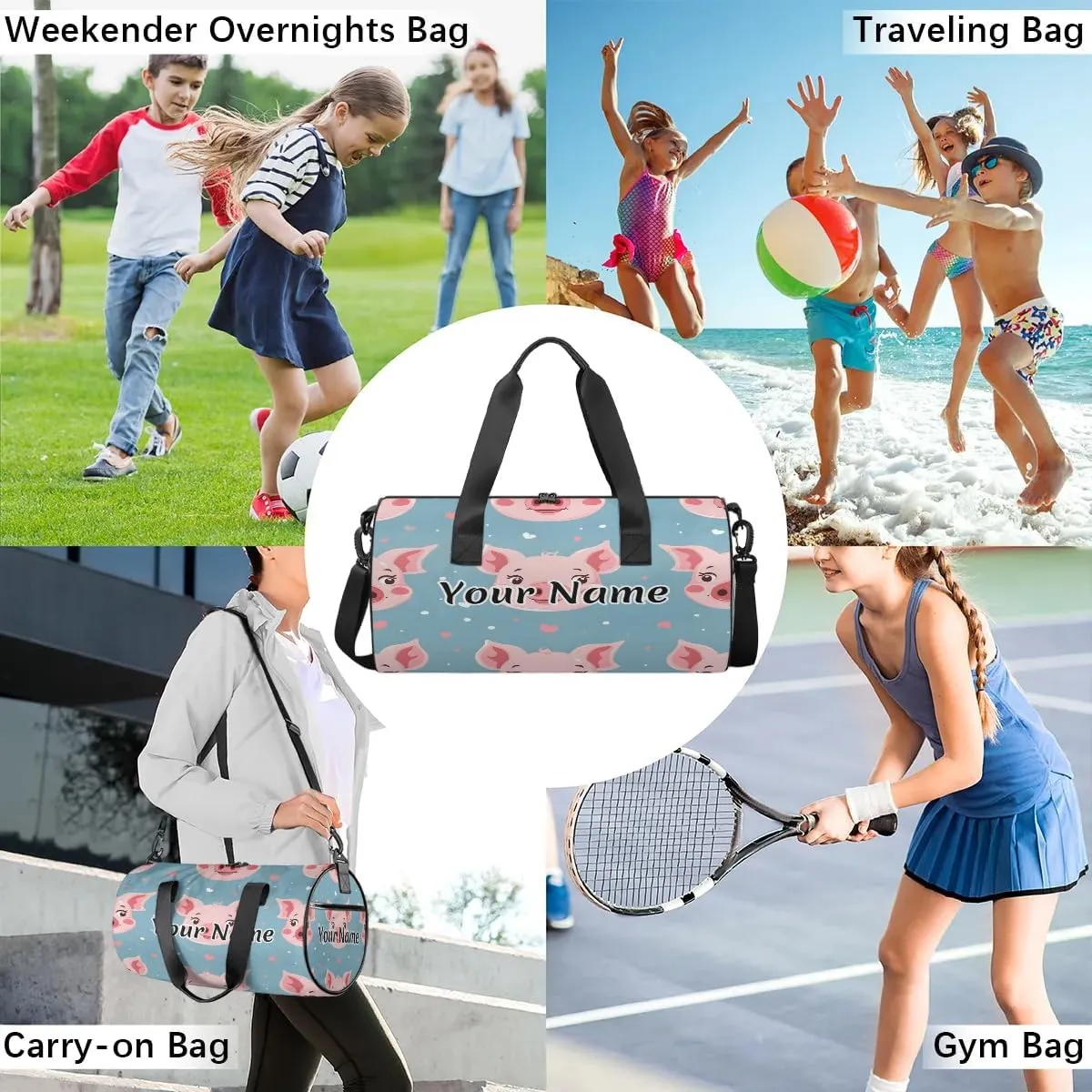 Personalized Duffel Bag for Women, Custom Cute Pig Gym Bag for Sports, Waterproof Dance Bag with Name, Lightweight Carryon Gym Bag, Cartoon Pig