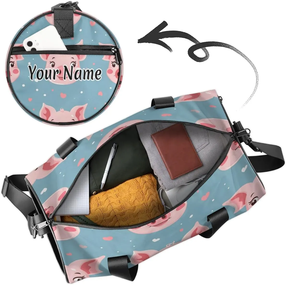 Personalized Duffel Bag for Women, Custom Cute Pig Gym Bag for Sports, Waterproof Dance Bag with Name, Lightweight Carryon Gym Bag, Cartoon Pig