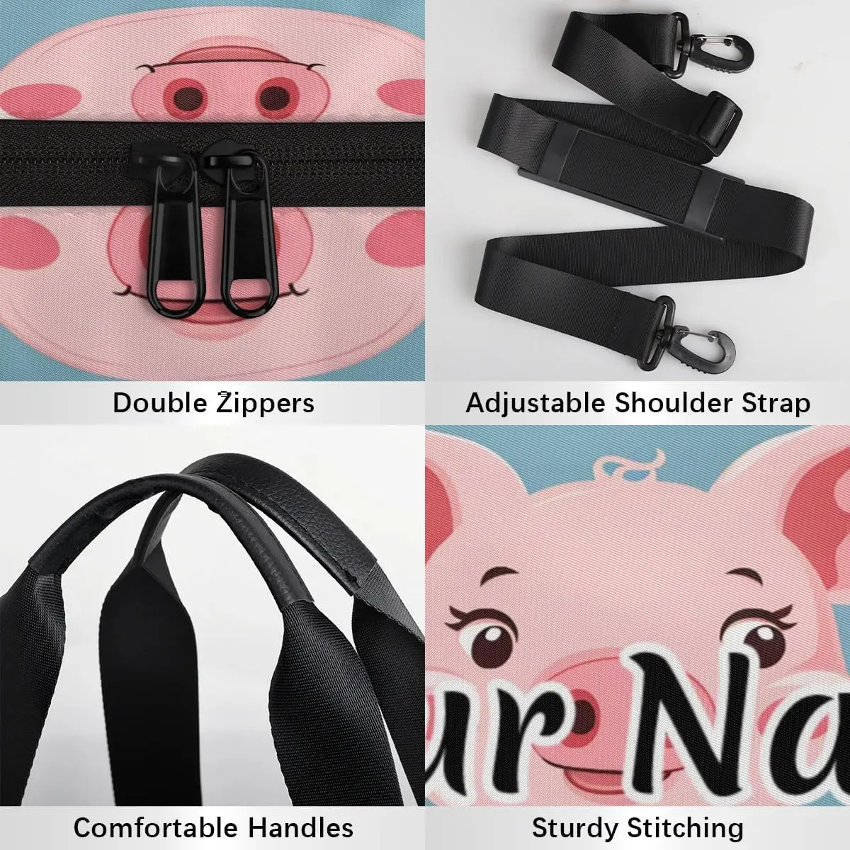 Personalized Duffel Bag for Women, Custom Cute Pig Gym Bag for Sports, Waterproof Dance Bag with Name, Lightweight Carryon Gym Bag, Cartoon Pig