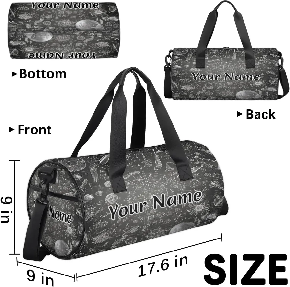 Personalized Duffel Bag for Women, Custom Educational Gym Bag for Sports, Waterproof Dance Bag with Name, Lightweight Carryon Gym Bag, Science