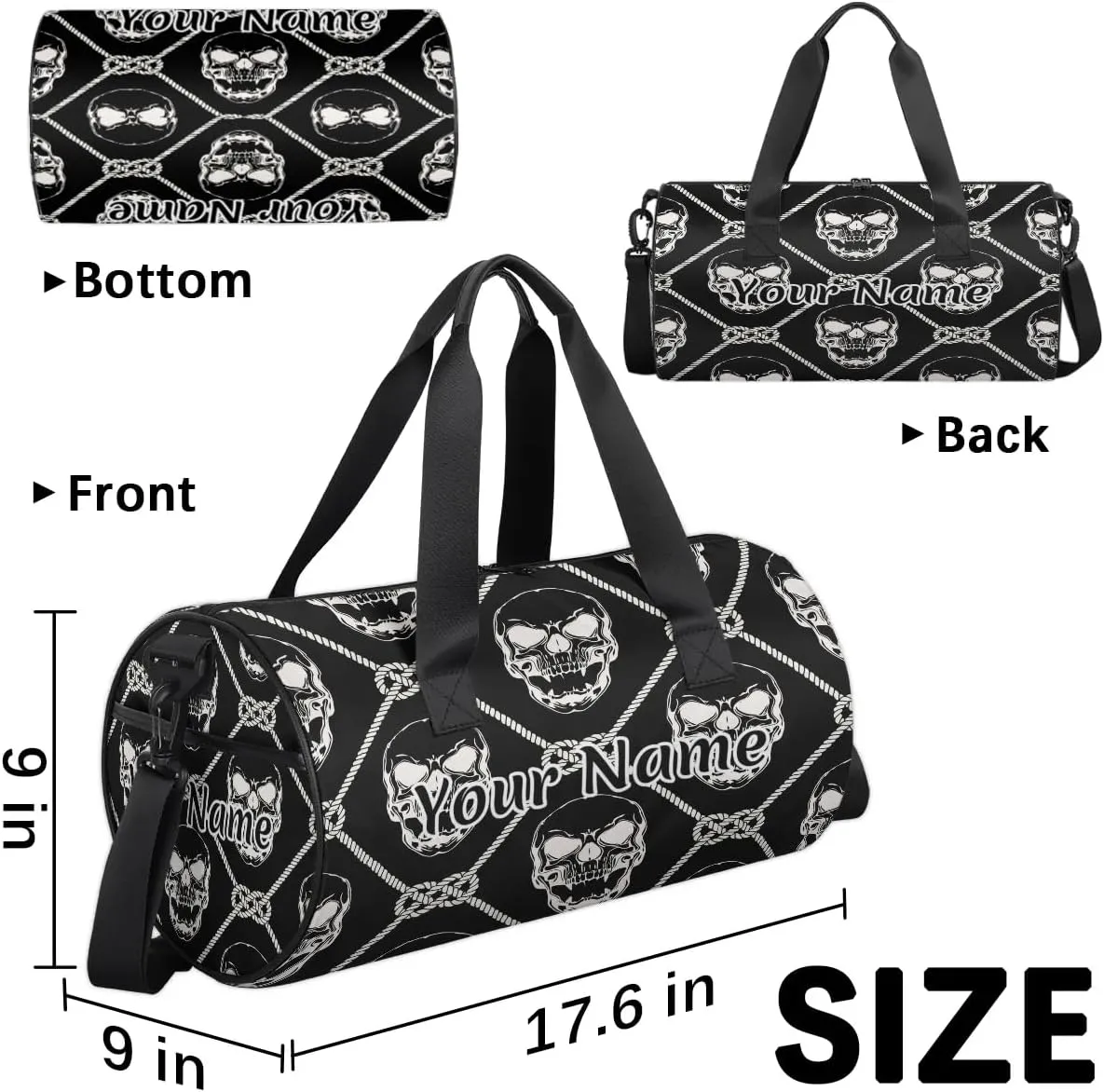 Personalized Duffel Bag for Women, Custom Gothic Skull Gym Bag for Sports, Waterproof Dance Bag with Name, Lightweight Carryon Gym Bag, Halloween Funny