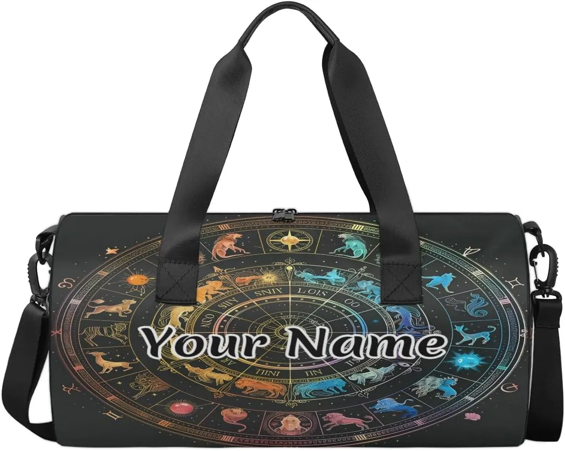 Personalized Duffel Bag for Women, Custom Horoscopes Circle Signs Gym Bag for Sports, Waterproof Dance Bag with Name, Lightweight Carryon Gym Bag, Zodiac Wheel