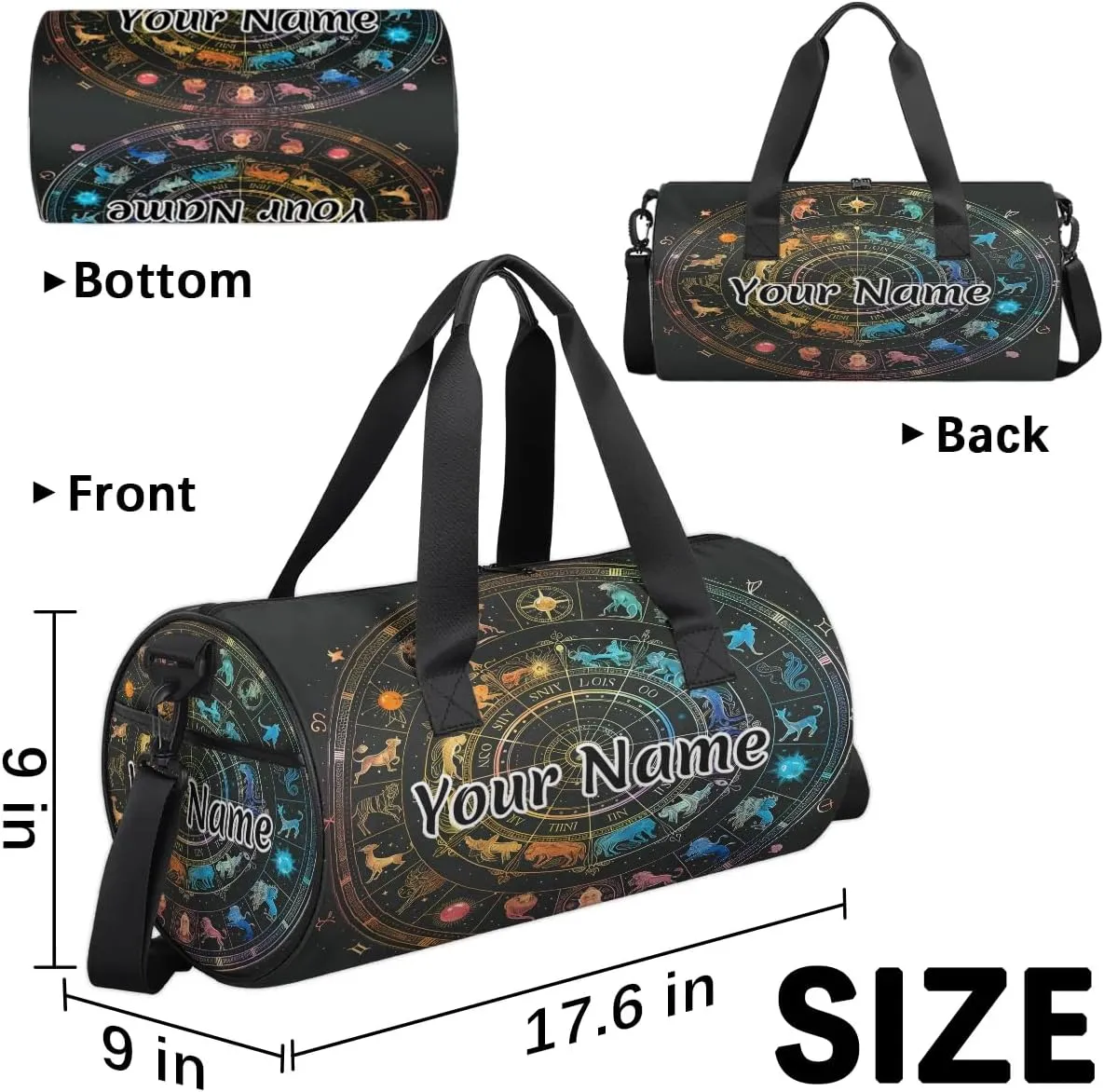 Personalized Duffel Bag for Women, Custom Horoscopes Circle Signs Gym Bag for Sports, Waterproof Dance Bag with Name, Lightweight Carryon Gym Bag, Zodiac Wheel