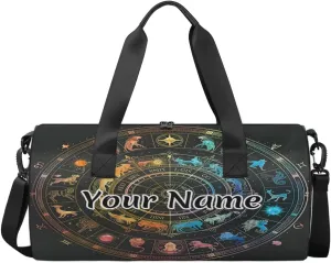 Personalized Duffel Bag for Women, Custom Horoscopes Circle Signs Gym Bag for Sports, Waterproof Dance Bag with Name, Lightweight Carryon Gym Bag, Zodiac Wheel