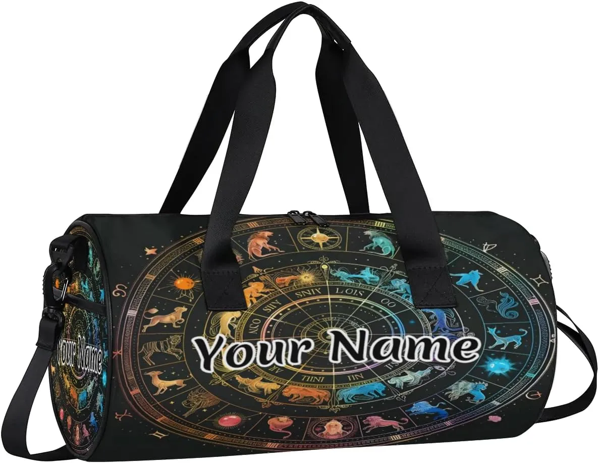 Personalized Duffel Bag for Women, Custom Horoscopes Circle Signs Gym Bag for Sports, Waterproof Dance Bag with Name, Lightweight Carryon Gym Bag, Zodiac Wheel