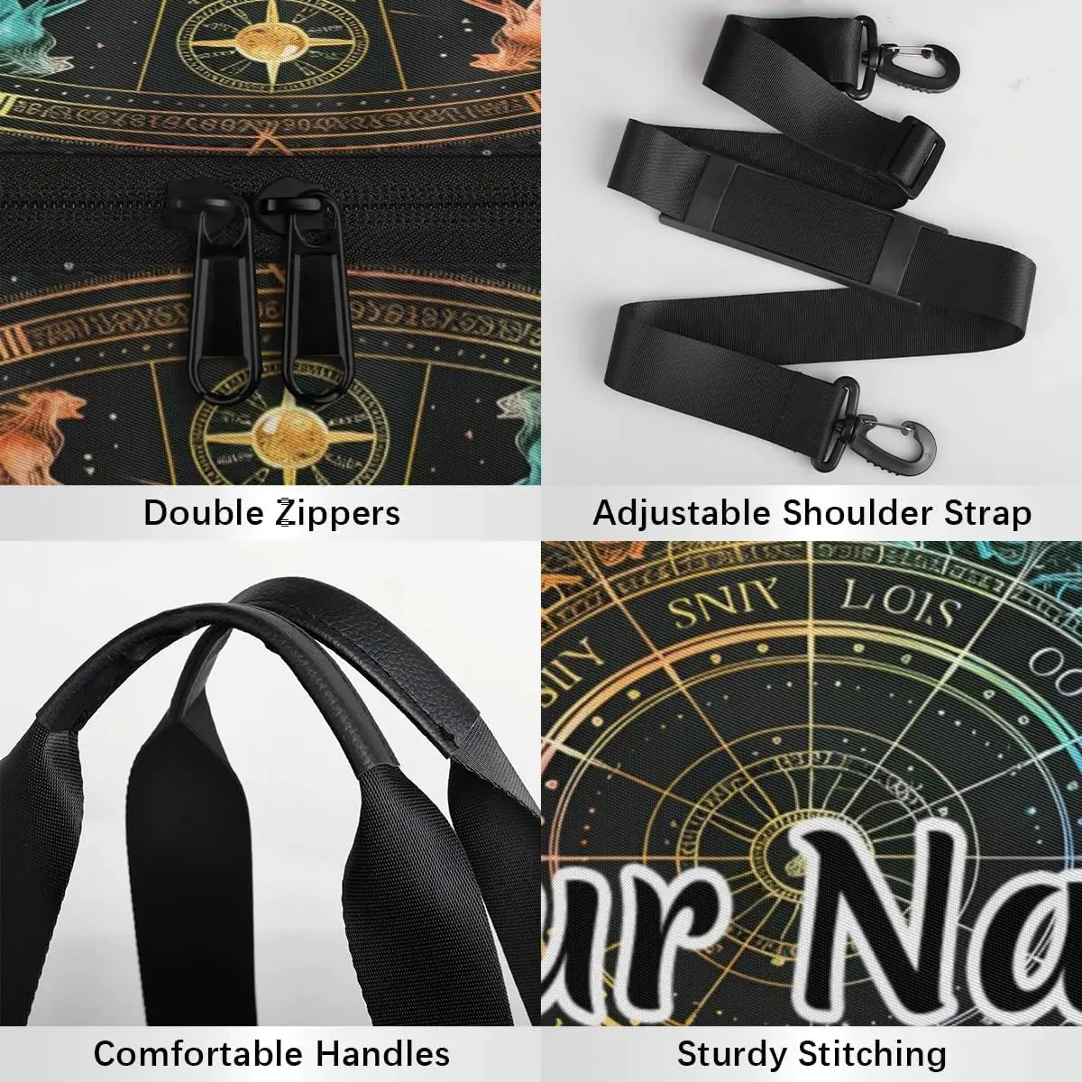 Personalized Duffel Bag for Women, Custom Horoscopes Circle Signs Gym Bag for Sports, Waterproof Dance Bag with Name, Lightweight Carryon Gym Bag, Zodiac Wheel
