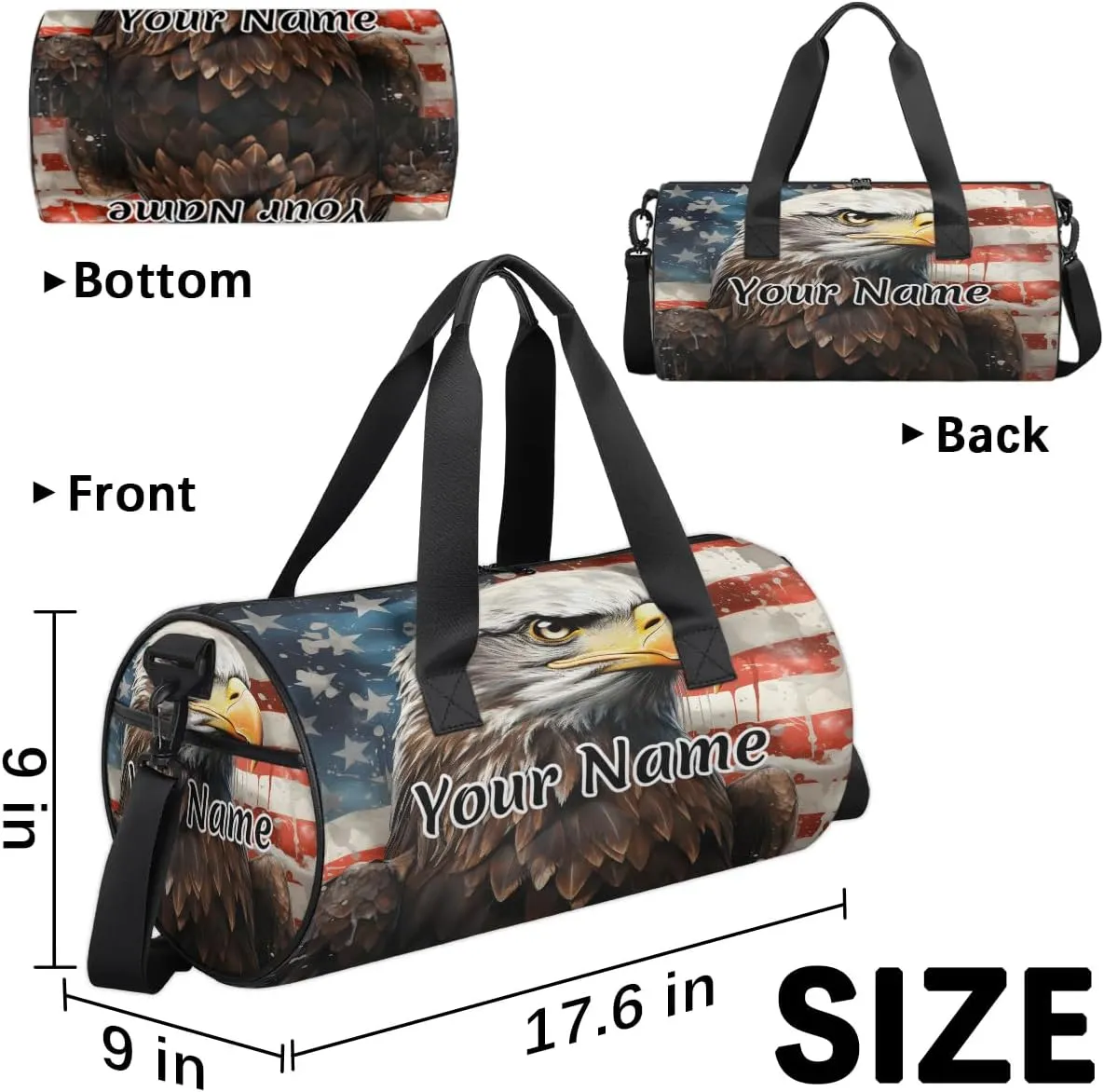 Personalized Duffel Bag for Women, Custom Memorial Day Gym Bag for Sports, Waterproof Dance Bag with Name, Lightweight Carryon Gym Bag, Eagles American Flag