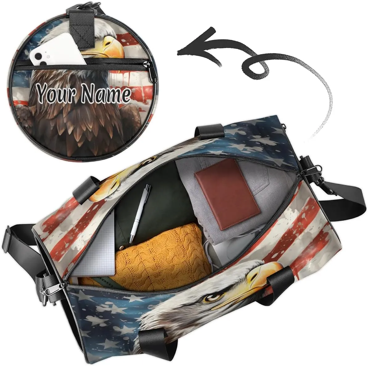 Personalized Duffel Bag for Women, Custom Memorial Day Gym Bag for Sports, Waterproof Dance Bag with Name, Lightweight Carryon Gym Bag, Eagles American Flag
