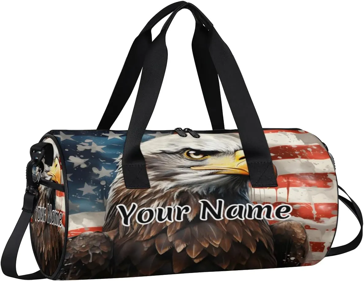 Personalized Duffel Bag for Women, Custom Memorial Day Gym Bag for Sports, Waterproof Dance Bag with Name, Lightweight Carryon Gym Bag, Eagles American Flag
