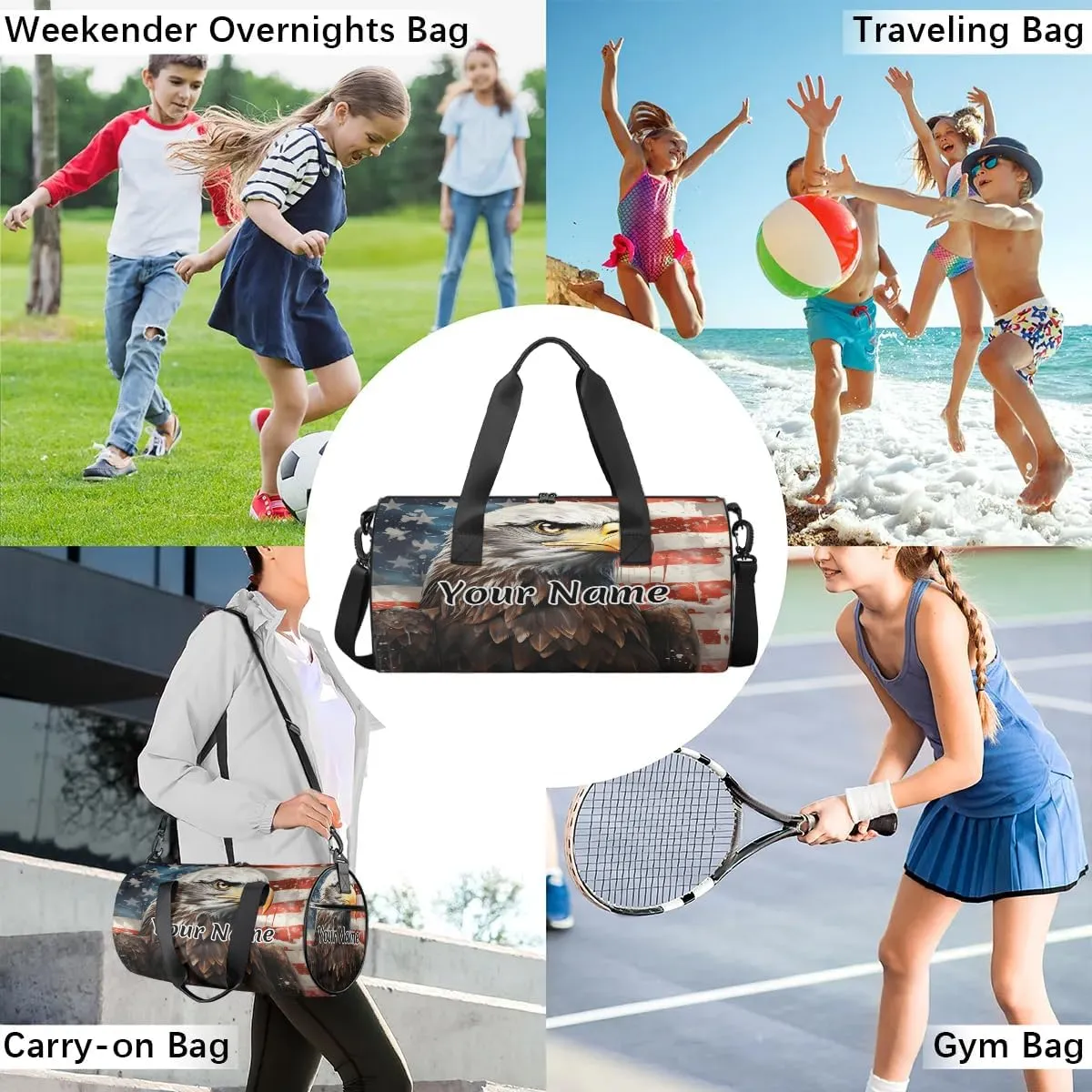 Personalized Duffel Bag for Women, Custom Memorial Day Gym Bag for Sports, Waterproof Dance Bag with Name, Lightweight Carryon Gym Bag, Eagles American Flag