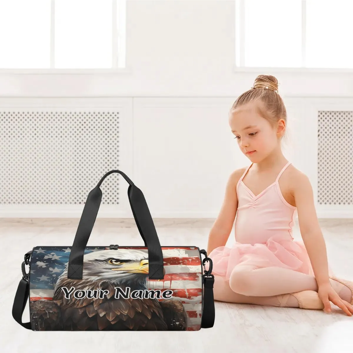 Personalized Duffel Bag for Women, Custom Memorial Day Gym Bag for Sports, Waterproof Dance Bag with Name, Lightweight Carryon Gym Bag, Eagles American Flag