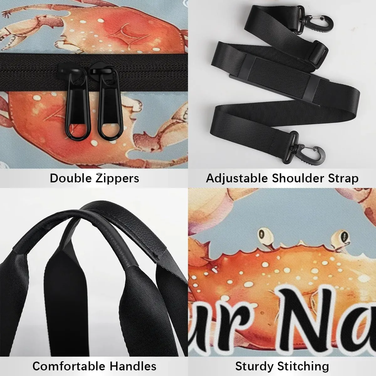 Personalized Duffel Bag for Women, Custom Ocean Crab Gym Bag for Sports, Waterproof Dance Bag with Name, Lightweight Carryon Gym Bag, Nautical Colorful Sea Life Crab