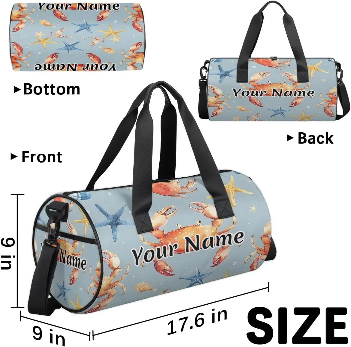 Personalized Duffel Bag for Women, Custom Ocean Crab Gym Bag for Sports, Waterproof Dance Bag with Name, Lightweight Carryon Gym Bag, Nautical Colorful Sea Life Crab
