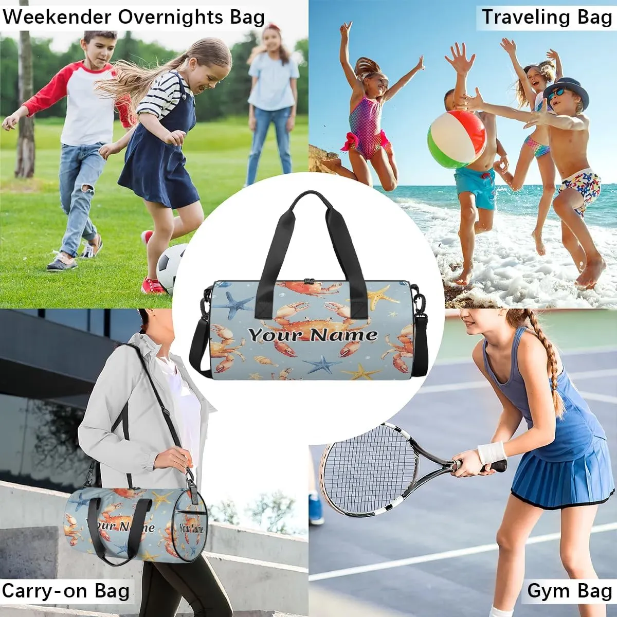 Personalized Duffel Bag for Women, Custom Ocean Crab Gym Bag for Sports, Waterproof Dance Bag with Name, Lightweight Carryon Gym Bag, Nautical Colorful Sea Life Crab