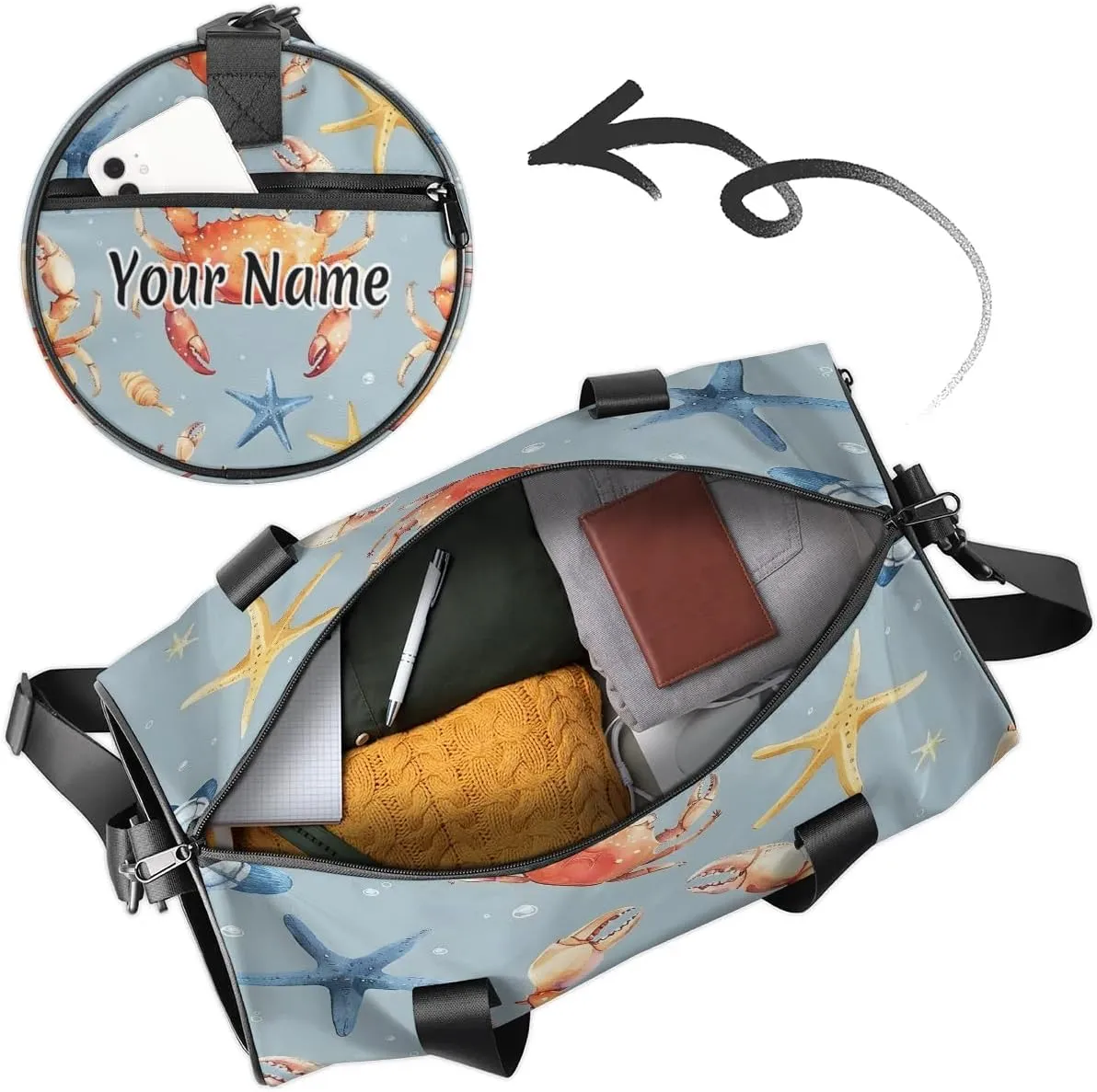 Personalized Duffel Bag for Women, Custom Ocean Crab Gym Bag for Sports, Waterproof Dance Bag with Name, Lightweight Carryon Gym Bag, Nautical Colorful Sea Life Crab
