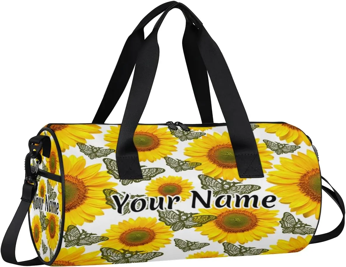 Personalized Duffel Bag for Women, Custom Skull Moth Gothic Gym Bag for Sports, Waterproof Dance Bag with Name, Lightweight Carryon Gym Bag, Sunflower