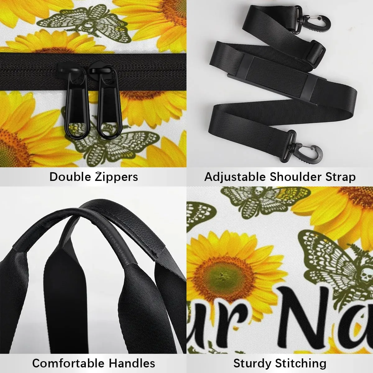 Personalized Duffel Bag for Women, Custom Skull Moth Gothic Gym Bag for Sports, Waterproof Dance Bag with Name, Lightweight Carryon Gym Bag, Sunflower