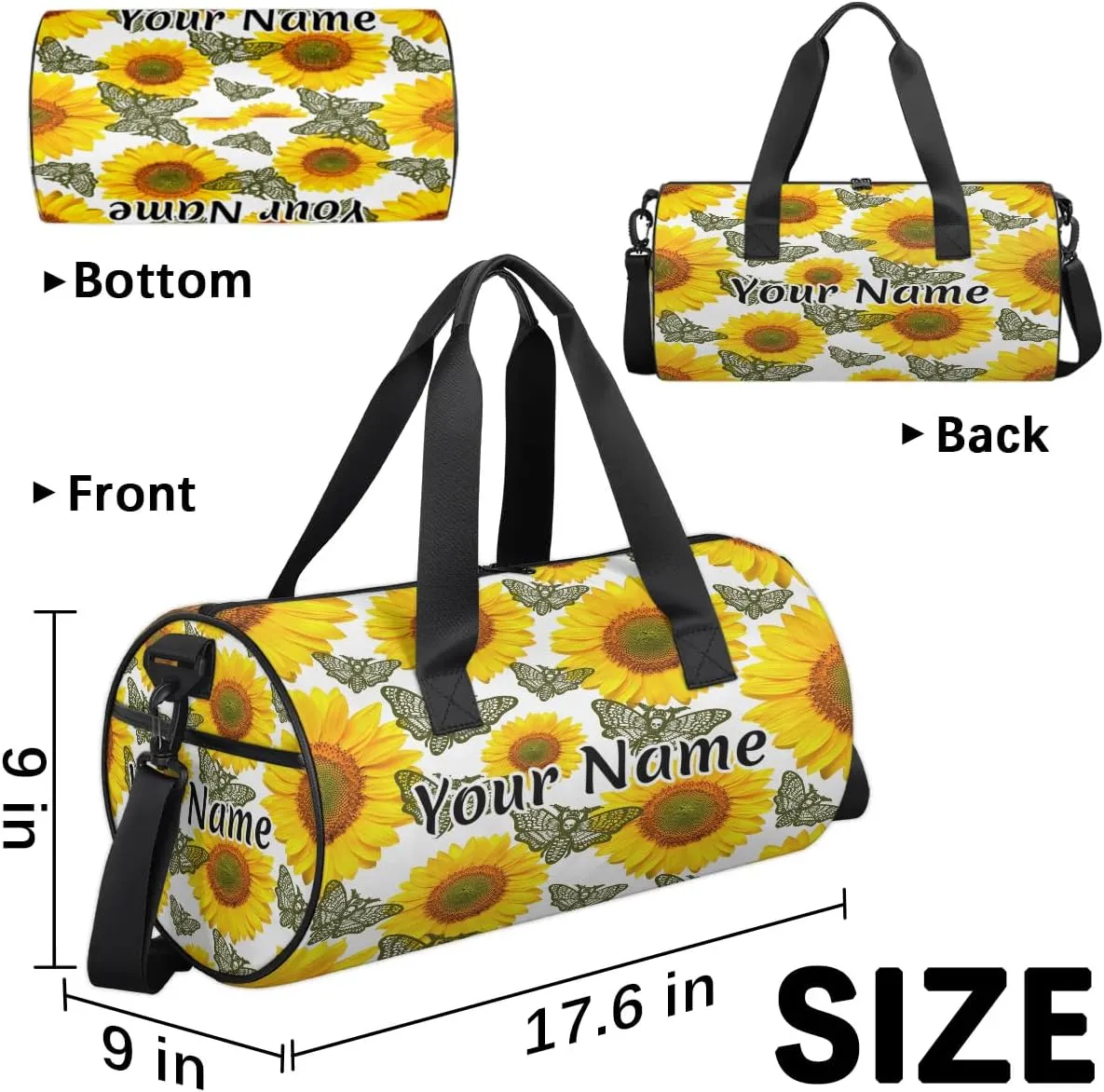 Personalized Duffel Bag for Women, Custom Skull Moth Gothic Gym Bag for Sports, Waterproof Dance Bag with Name, Lightweight Carryon Gym Bag, Sunflower