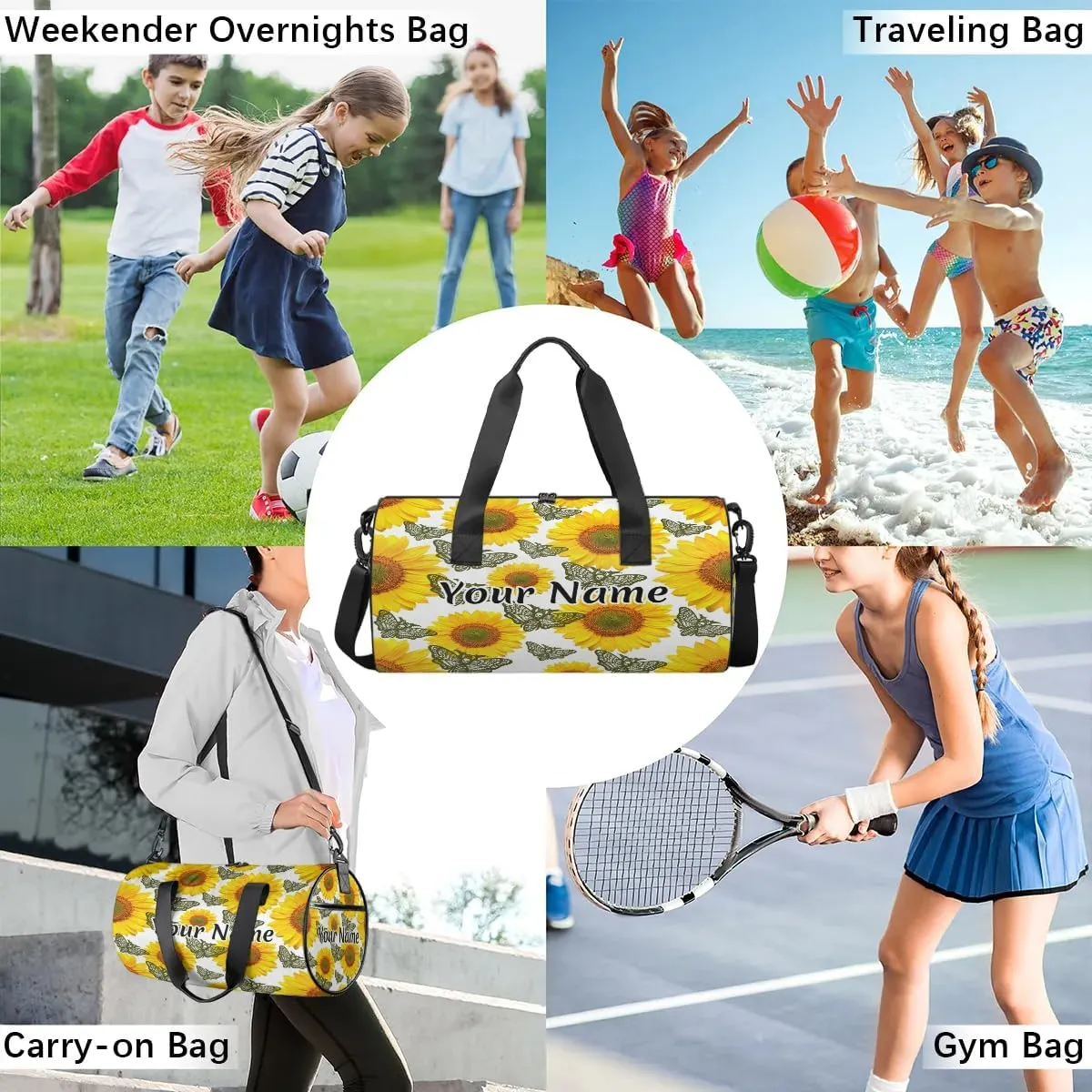 Personalized Duffel Bag for Women, Custom Skull Moth Gothic Gym Bag for Sports, Waterproof Dance Bag with Name, Lightweight Carryon Gym Bag, Sunflower