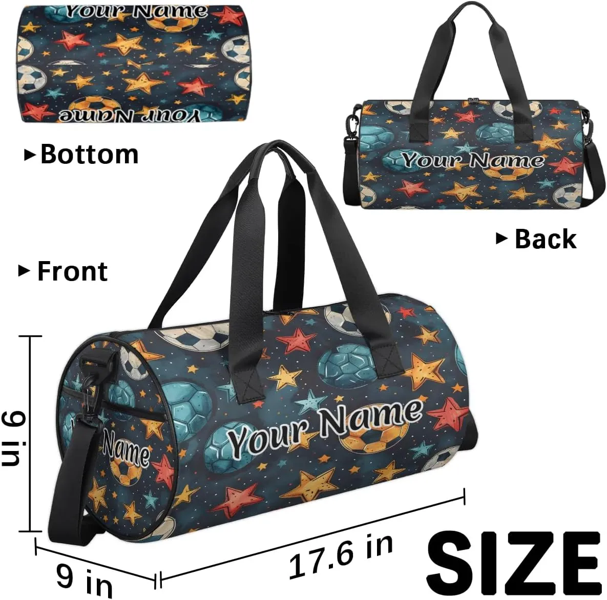 Personalized Duffel Bag for Women, Custom Soccer Ball Gym Bag for Sports, Waterproof Dance Bag with Name, Lightweight Carryon Gym Bag, Colorful Football