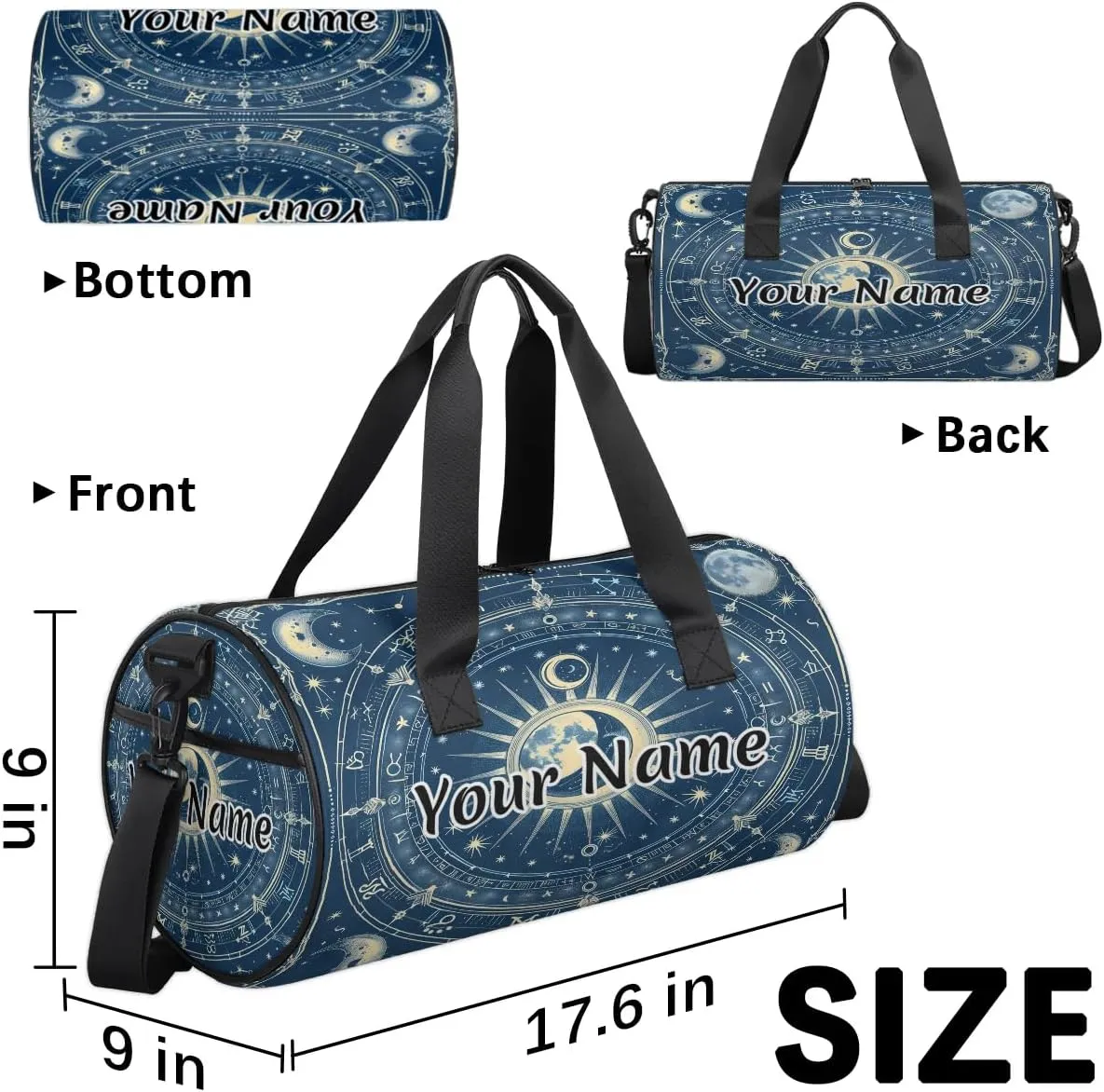 Personalized Duffel Bag for Women, Custom Sun and Moon Gym Bag for Sports, Waterproof Dance Bag with Name, Lightweight Carryon Gym Bag, Sun Moon Constellations Horoscopes