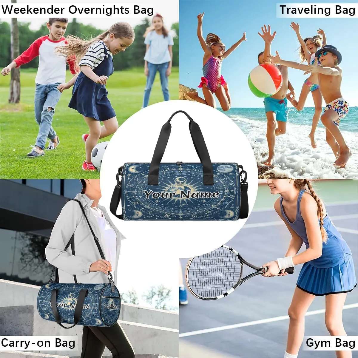 Personalized Duffel Bag for Women, Custom Sun and Moon Gym Bag for Sports, Waterproof Dance Bag with Name, Lightweight Carryon Gym Bag, Sun Moon Constellations Horoscopes