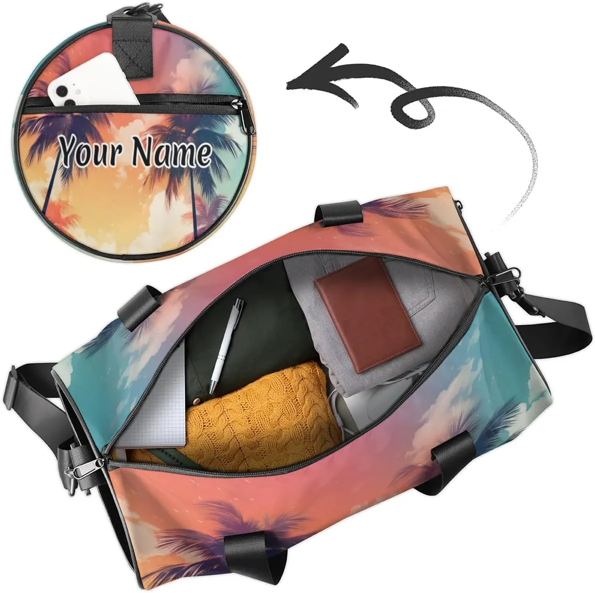 Personalized Duffel Bag for Women, Custom Tropical Sea Palm Tree Gym Bag for Sports, Waterproof Dance Bag with Name, Lightweight Carryon Gym Bag, Palm Trees