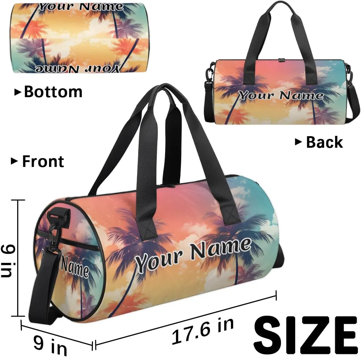 Personalized Duffel Bag for Women, Custom Tropical Sea Palm Tree Gym Bag for Sports, Waterproof Dance Bag with Name, Lightweight Carryon Gym Bag, Palm Trees
