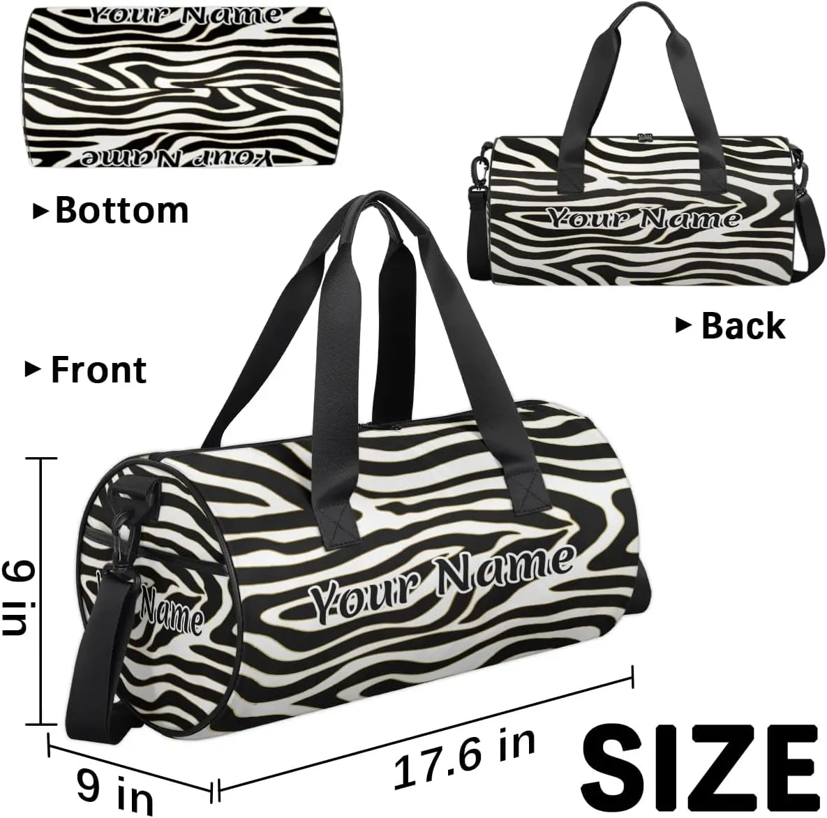 Personalized Duffel Bag for Women, Custom Zebra Gym Bag for Sports, Waterproof Dance Bag with Name, Lightweight Carryon Gym Bag, Zebra Print