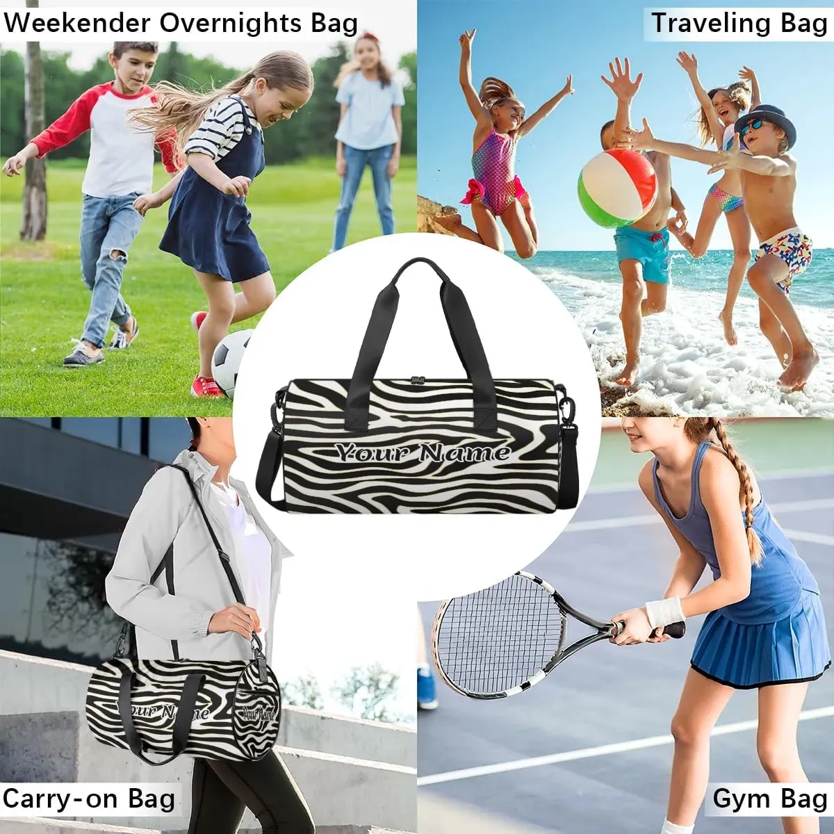 Personalized Duffel Bag for Women, Custom Zebra Gym Bag for Sports, Waterproof Dance Bag with Name, Lightweight Carryon Gym Bag, Zebra Print