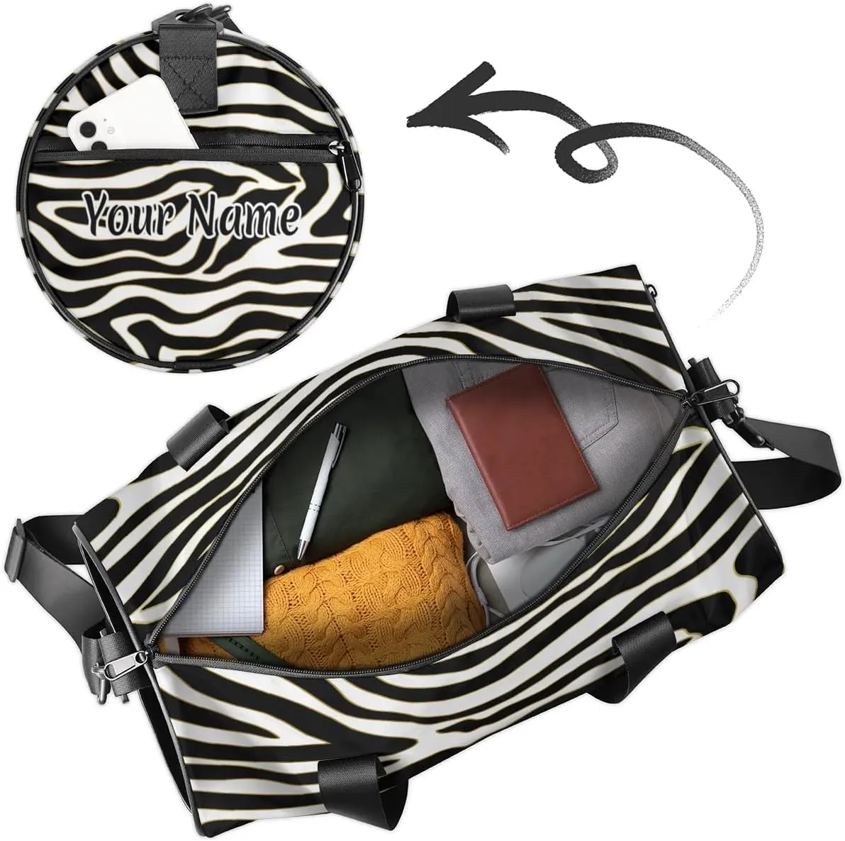 Personalized Duffel Bag for Women, Custom Zebra Gym Bag for Sports, Waterproof Dance Bag with Name, Lightweight Carryon Gym Bag, Zebra Print