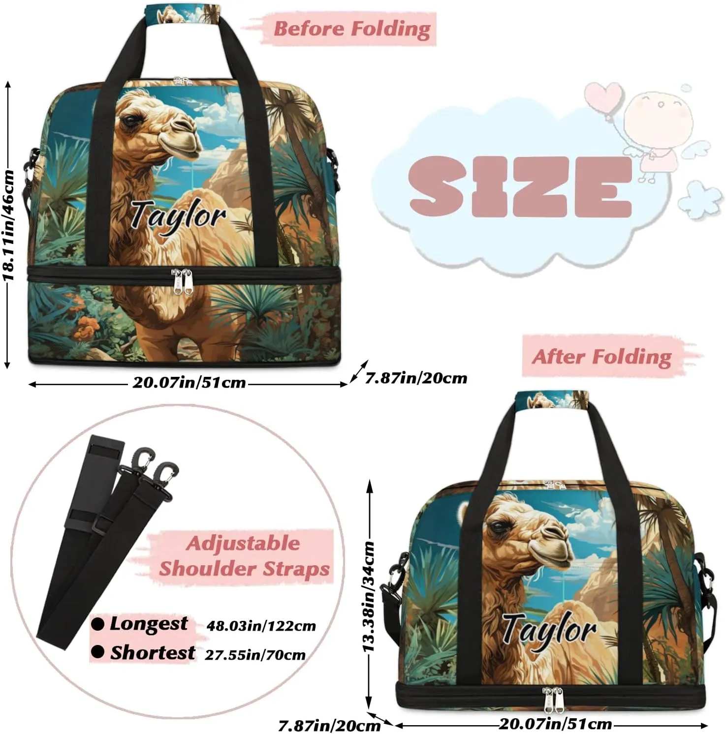 Personalized Duffel Bag with Name, Custom Tropical Camels Travel Sports Gym Yoga Beach Bag Customized Weekender Overnight Bag with Shoes Compartment for Women, Animal