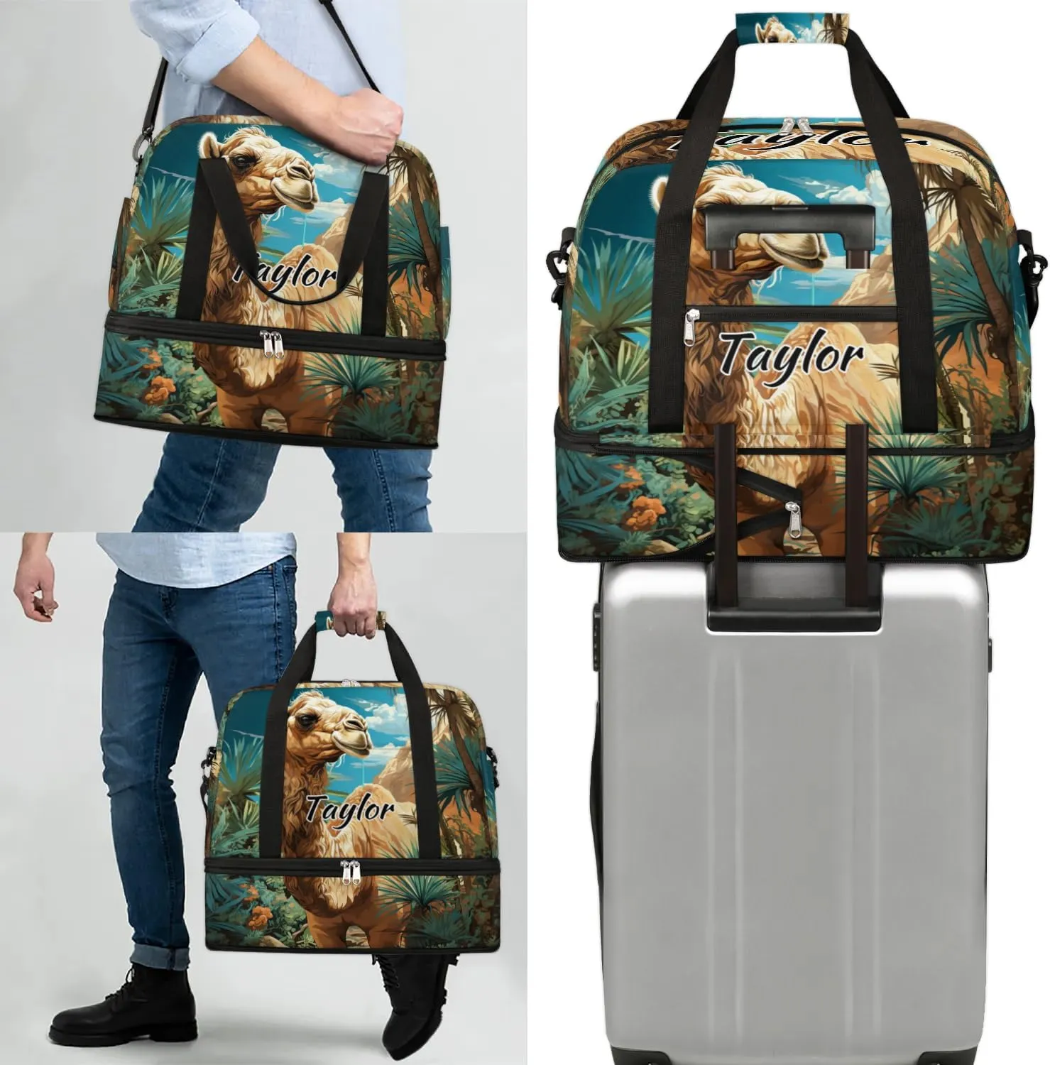 Personalized Duffel Bag with Name, Custom Tropical Camels Travel Sports Gym Yoga Beach Bag Customized Weekender Overnight Bag with Shoes Compartment for Women, Animal